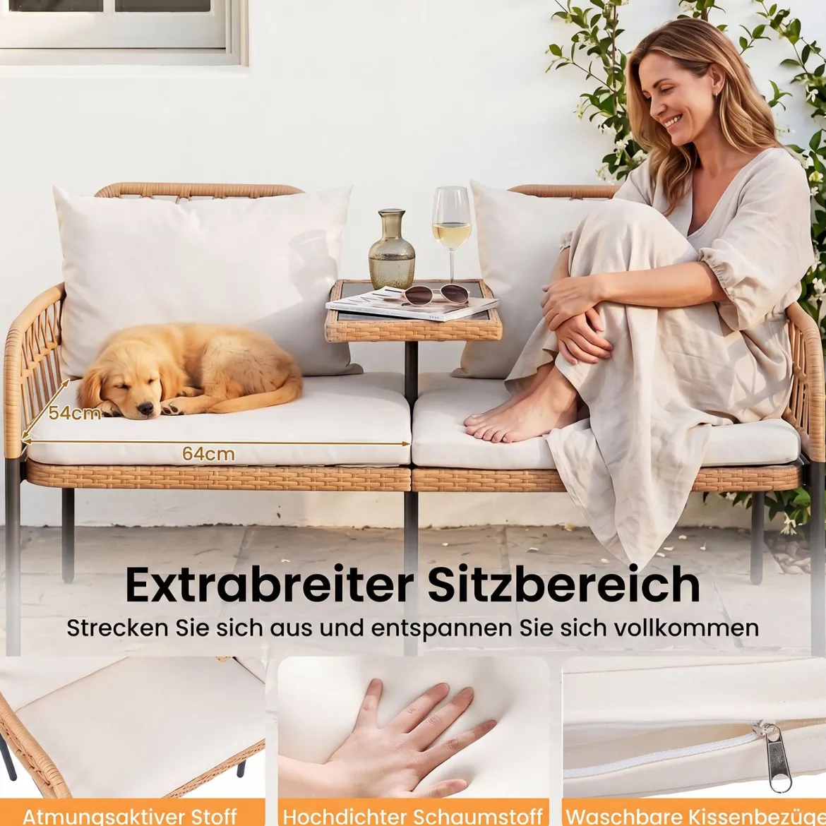 Gartenbank Polyrattan mit Kissen 2-Sitzer Balkonbank mit Hartglastisch Sitzbank 137x64x84 cm