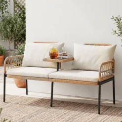 Gartenbank Polyrattan mit Kissen 2-Sitzer Balkonbank mit Hartglastisch Sitzbank 137x64x84 cm