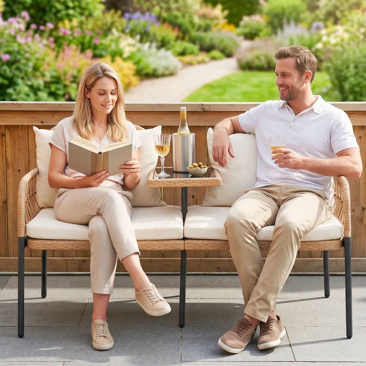 Gartenbank Polyrattan mit Kissen 2-Sitzer Balkonbank mit Hartglastisch Sitzbank 137x64x84 cm