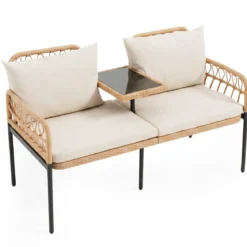Gartenbank Polyrattan mit Kissen 2-Sitzer Balkonbank mit Hartglastisch Sitzbank 137x64x84 cm