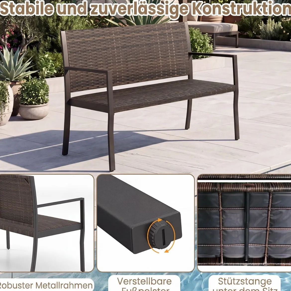 Gartenbank Rattan Outdoor Sitzbank mit Rückenlehne & Armlehnenfür 2 Personen Braun