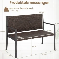 Gartenbank Rattan Outdoor Sitzbank mit Rückenlehne & Armlehnenfür 2 Personen Braun
