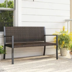 Gartenbank Rattan Outdoor Sitzbank mit Rückenlehne & Armlehnenfür 2 Personen Braun