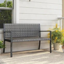 Gartenbank Rattan Outdoor Sitzbank mit Rückenlehne & Armlehnenfür 2 Personen Grau