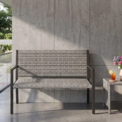 Gartenbank Rattan Outdoor Sitzbank mit Rückenlehne & Armlehnenfür 2 Personen Grau