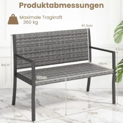 Gartenbank Rattan Outdoor Sitzbank mit Rückenlehne & Armlehnenfür 2 Personen Grau