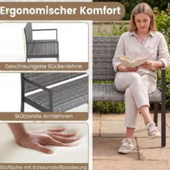 Gartenbank Rattan Outdoor Sitzbank mit Rückenlehne & Armlehnenfür 2 Personen Grau