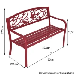 Gartenbank 3-Sitzer Parkbank Eisenbank mit Rückenlehnen Rot 127 x 60 x 88 cm