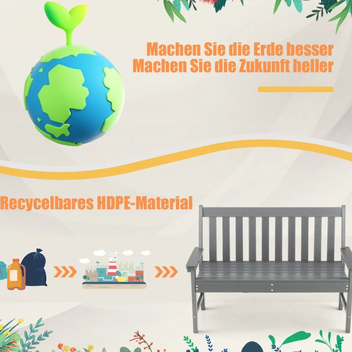 Gartenbank wetterfest Allwetter-Sitzbank aus HDPE Parkbank für 2-3 Sitzer Braun/Schwarz/Grau/Weiß