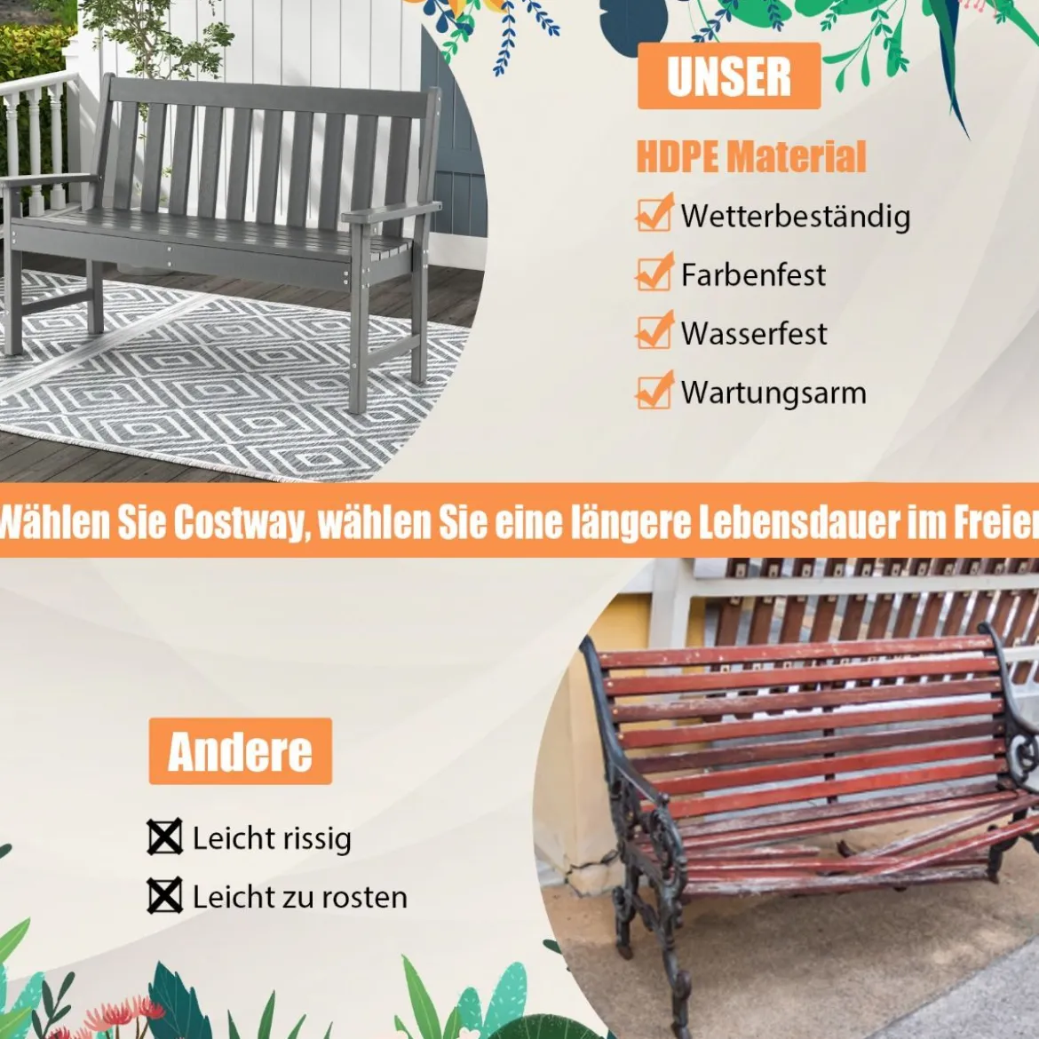 Gartenbank wetterfest Allwetter-Sitzbank aus HDPE Parkbank für 2-3 Sitzer Braun/Schwarz/Grau/Weiß