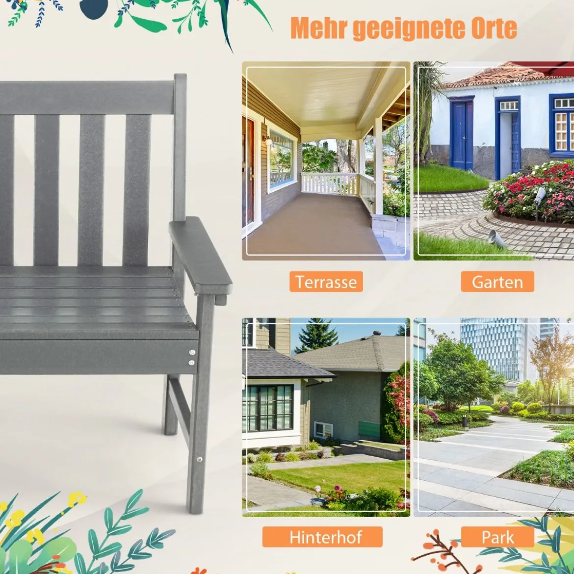 Gartenbank wetterfest Allwetter-Sitzbank aus HDPE Parkbank für 2-3 Sitzer Braun/Schwarz/Grau/Weiß