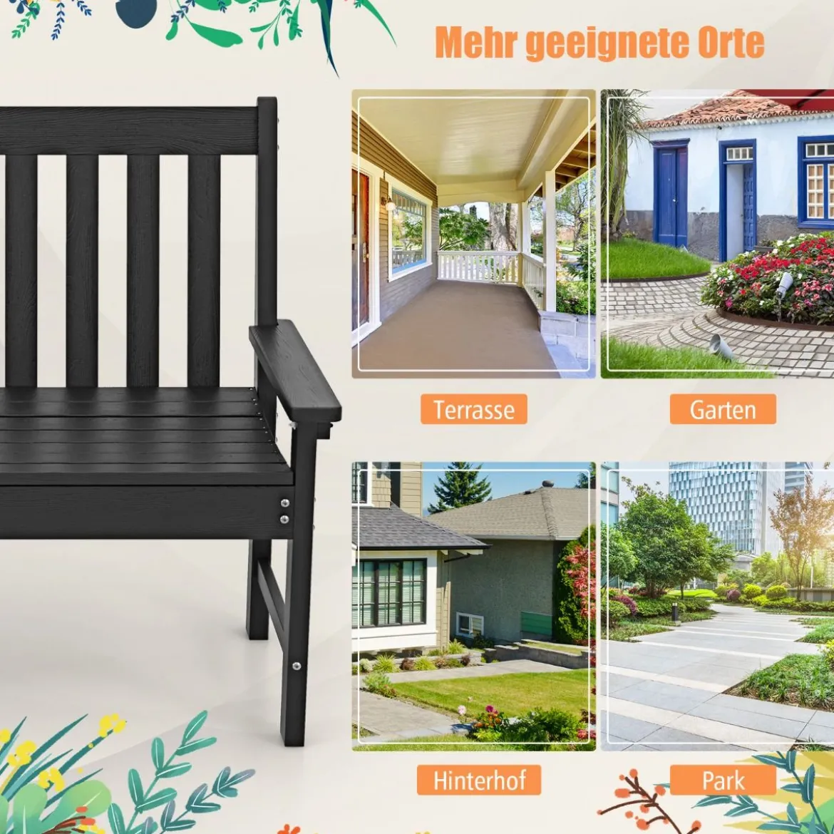 Gartenbank wetterfest Allwetter-Sitzbank aus HDPE Parkbank für 2-3 Sitzer Braun/Schwarz/Grau/Weiß