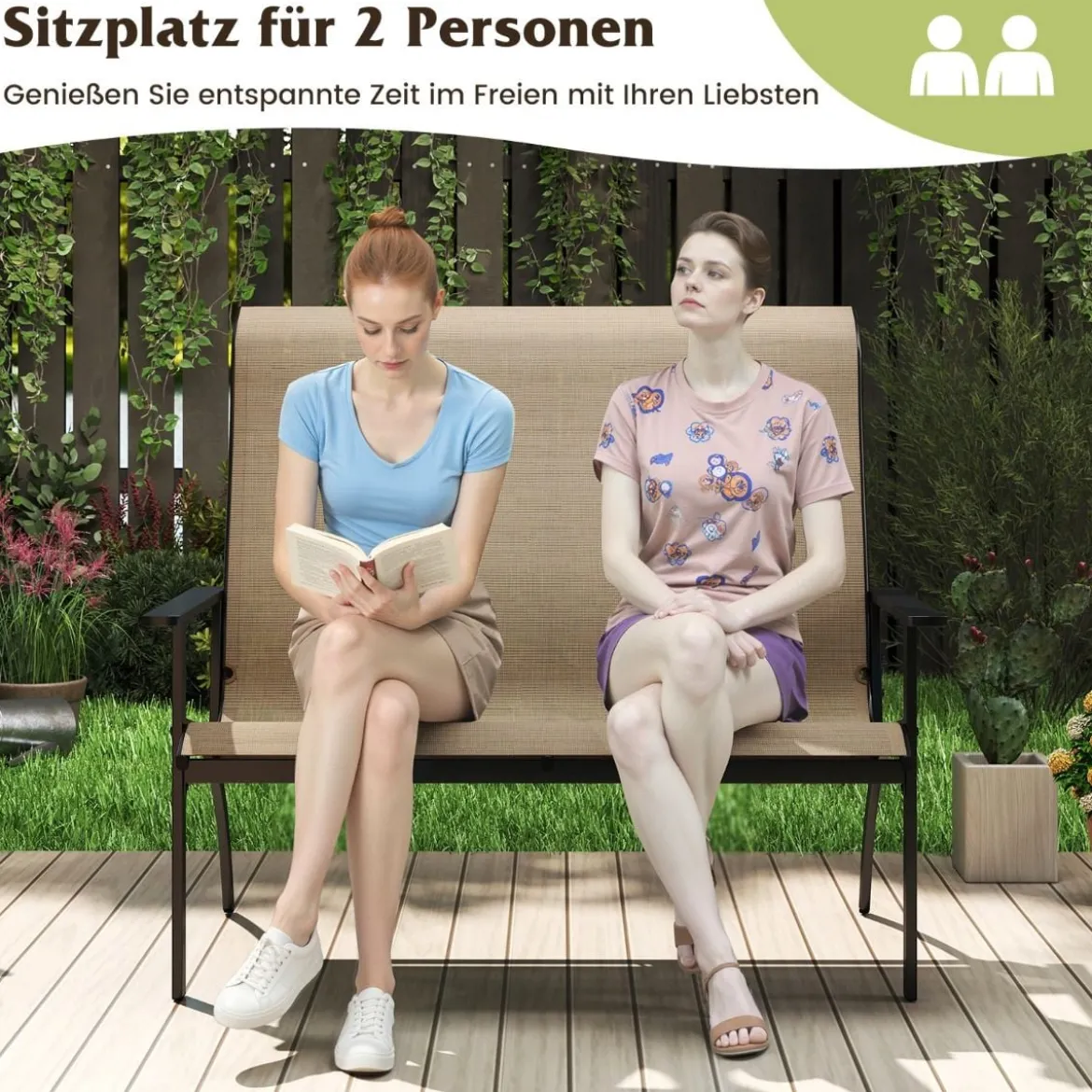 Gartenbank wetterfeste Balkontank mit hoher Rückenlehne & Armlehnen 2-Sitzer Sitzbank bis 400 kg belastbar 120 x 81 x 106 cm