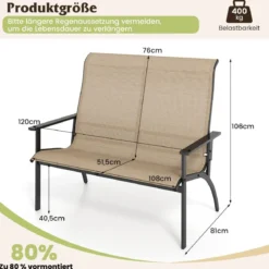 Gartenbank wetterfeste Balkontank mit hoher Rückenlehne & Armlehnen 2-Sitzer Sitzbank bis 400 kg belastbar 120 x 81 x 106 cm