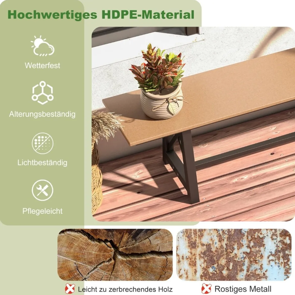 Gartenbank wetterfest 3-Sitzer Sitzbank bis 500 kg belastbar 183 x 35 x 41,5 cm Braun