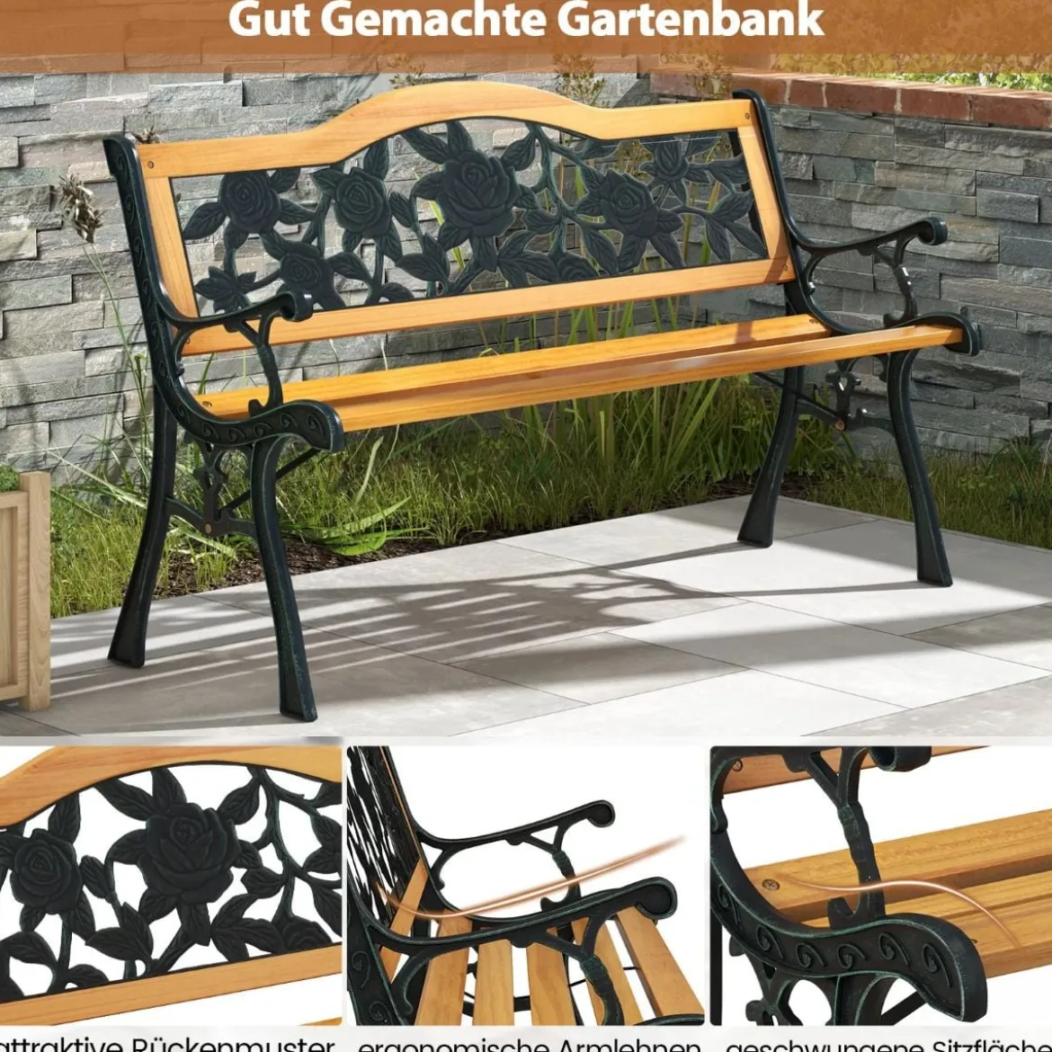 Gartenbank wetterfest 2-Sitzer Sitzbank mit Armlehnen Balkonbank Holzbank 126 x 52 x 76 cm