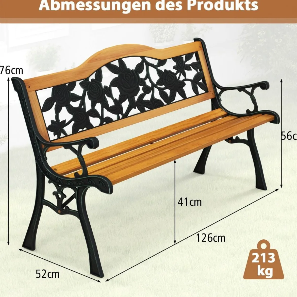 Gartenbank wetterfest 2-Sitzer Sitzbank mit Armlehnen Balkonbank Holzbank 126 x 52 x 76 cm
