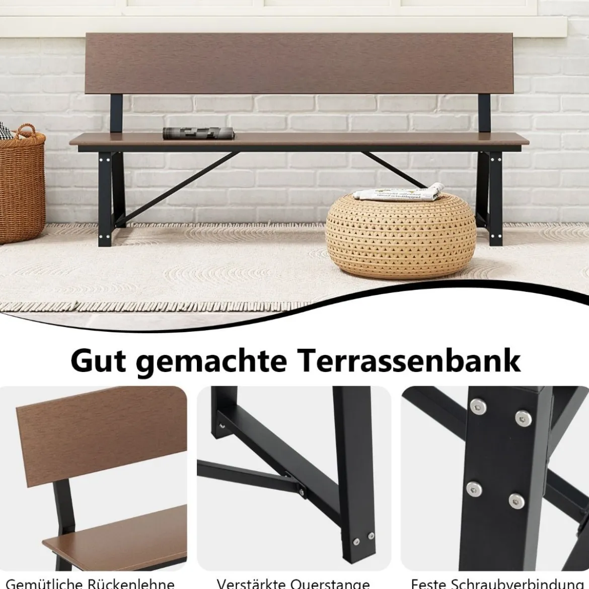 Gartenbank wetterfest 3-Sitzer Sitzbank bis 500kg belastbar 183 x 52 x 85 cm Braun
