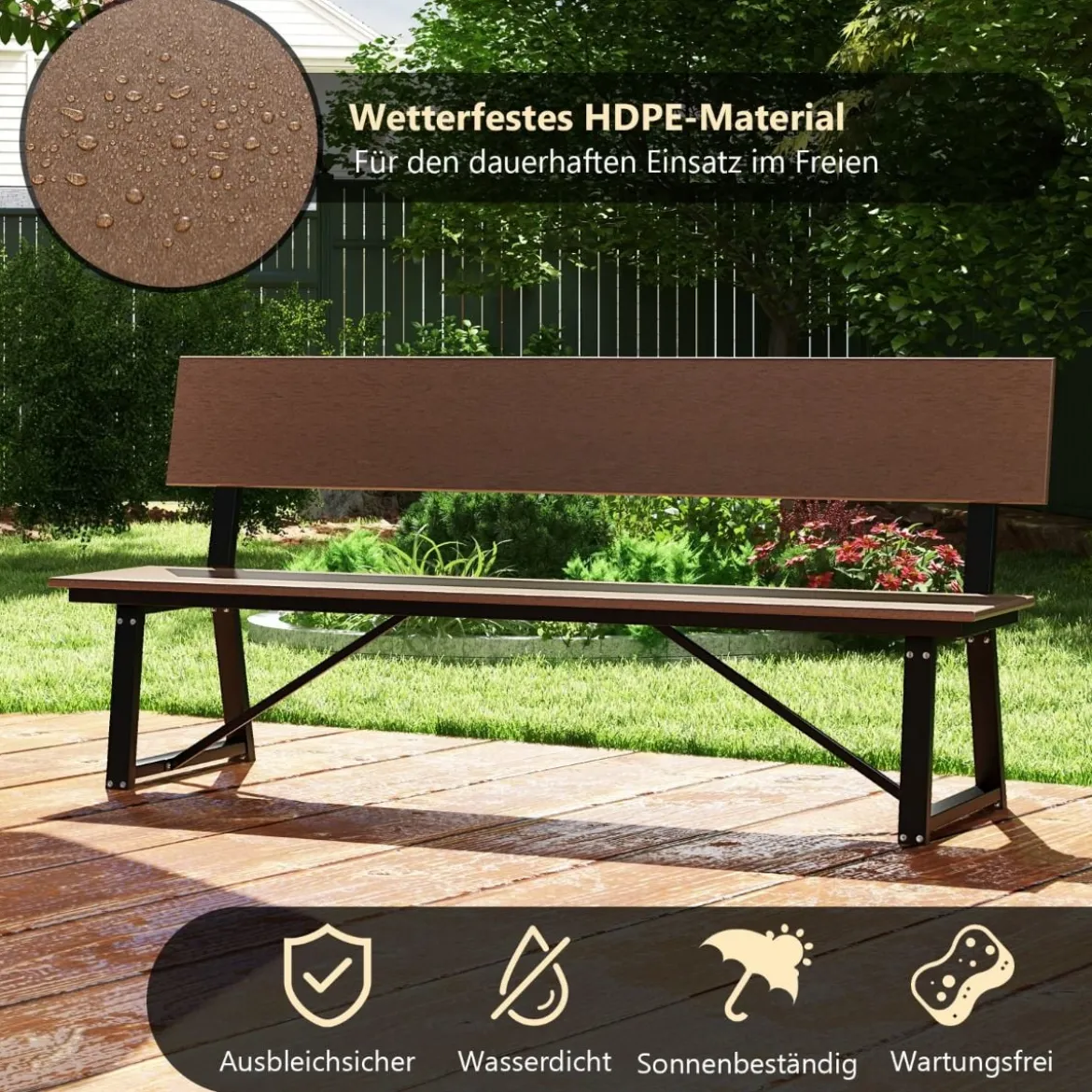 Gartenbank wetterfest 3-Sitzer Sitzbank bis 500kg belastbar 183 x 52 x 85 cm Braun