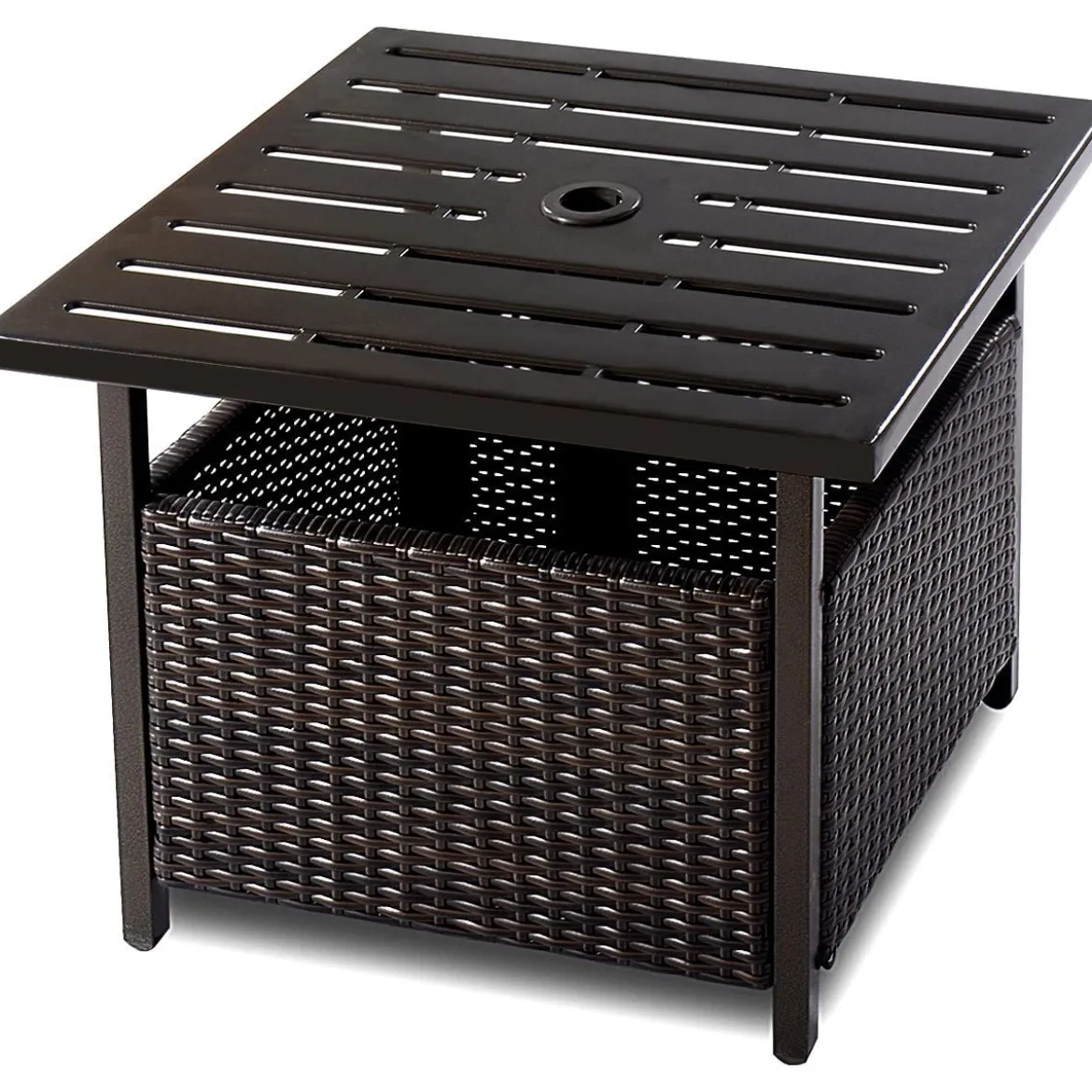 Garten Beistelltisch Rattan Gartentisch mit Schirmloch 55,5 x 55,5 x 46 cm Dunkelbraun