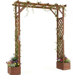 Gartenbogen aus Holz mit 2 Pflanzkästen Rosenbogen mit Rankgitter 208 x 55 x 220 cm