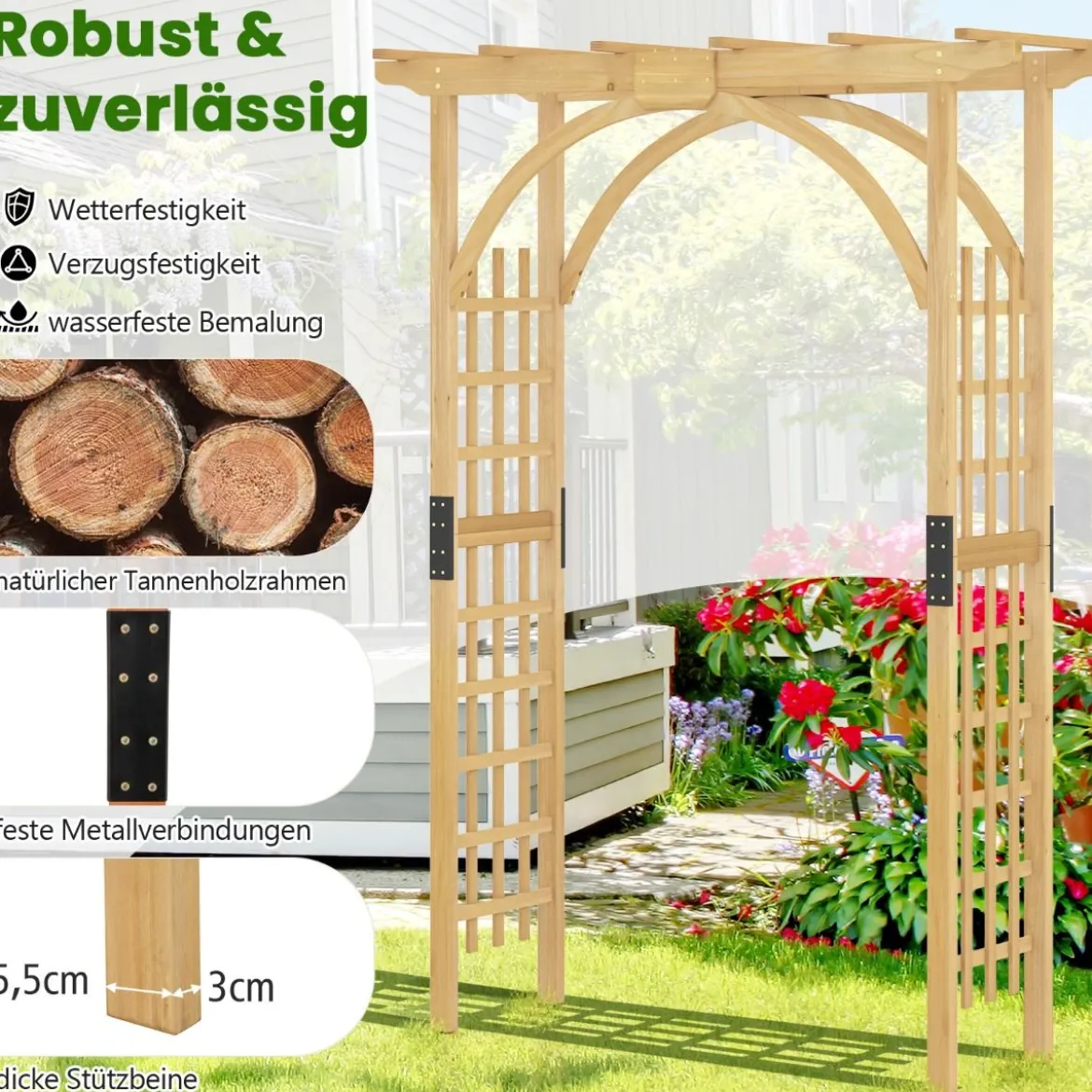 Gartenbogen aus Holz Rosenbogen für Kletterpflanzen Eleganter Hochzeitsbogen Natur