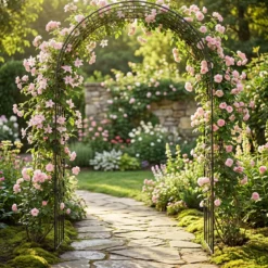Gartenbogen Metall Rosenbogen mit 4 Erdspieß Rosengitter für Kletterpflanzen & Rosen 144 x 51 x 222 cm Schwarz