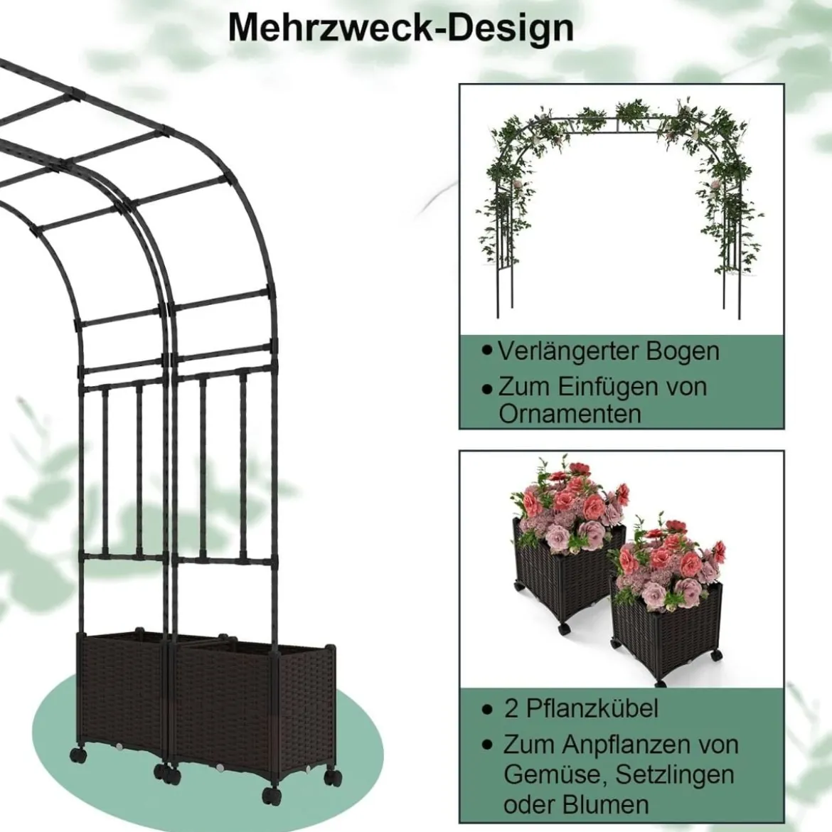 Gartenbogen Spalier mit 2 Pflanzkästen Outdoor Pergola Rankbogen Metall Deko Bogen