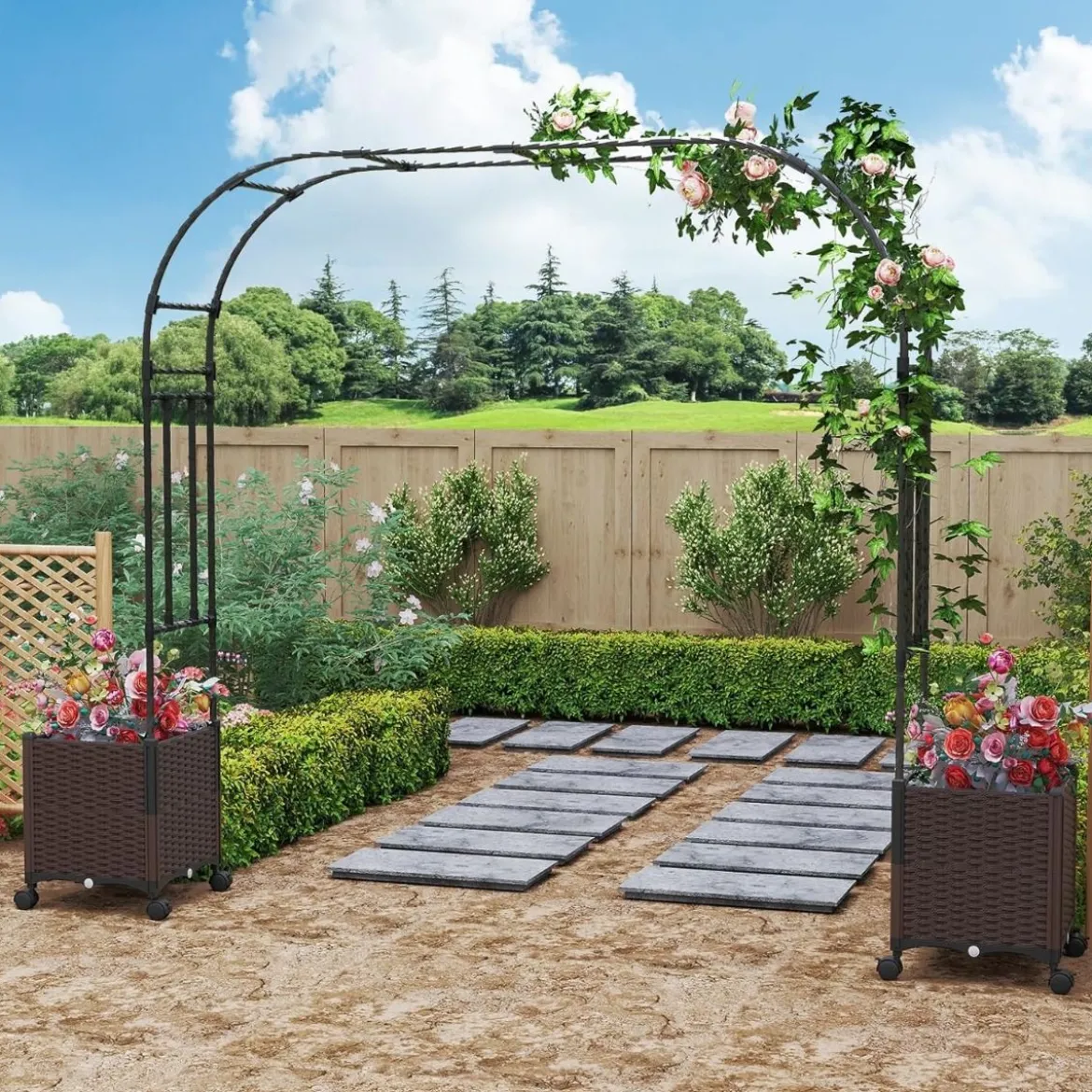 Gartenbogen Spalier mit 2 Pflanzkästen Outdoor Pergola Rankbogen Metall Deko Bogen