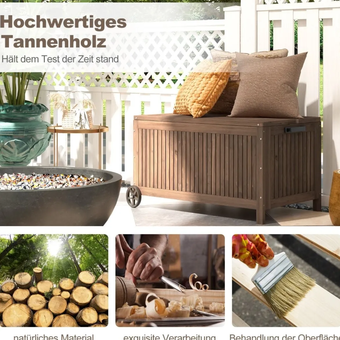 Gartenbox Holz 213 L Aufbewahrungsbox mit Rädern Kissenbox mit wasserdichter PE-Auskleidung 114 x 58,5 x 51 cm Braun