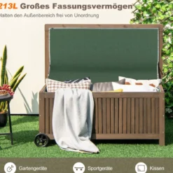 Gartenbox Holz 213 L Aufbewahrungsbox mit Rädern Kissenbox mit wasserdichter PE-Auskleidung 114 x 58,5 x 51 cm Braun