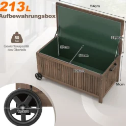 Gartenbox Holz 213 L Aufbewahrungsbox mit Rädern Kissenbox mit wasserdichter PE-Auskleidung 114 x 58,5 x 51 cm Braun