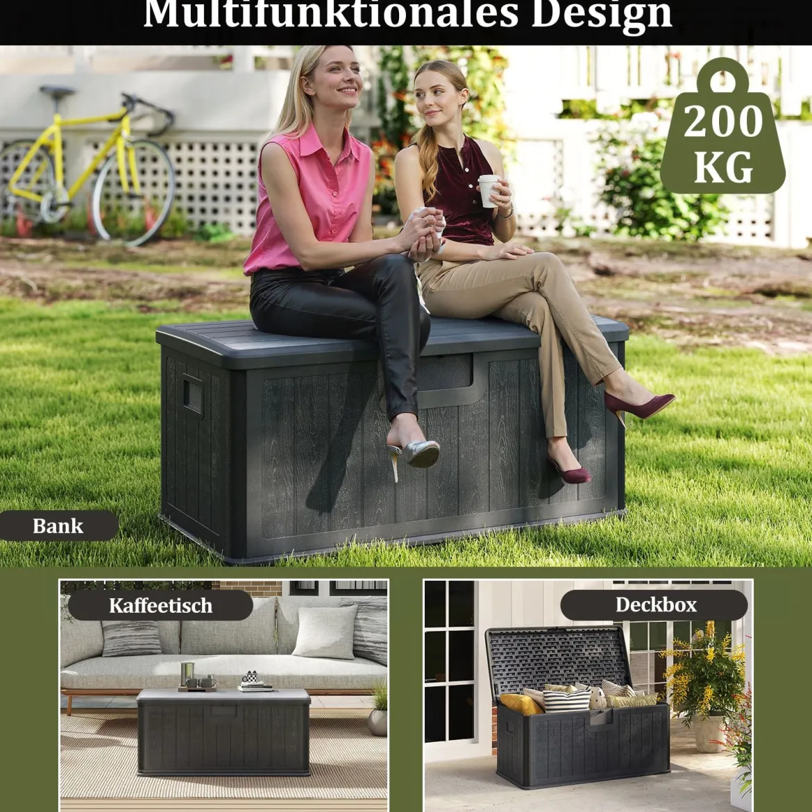 Gartenbox 378 L Auflagenbox Wasserdicht für Garten mit Abschließbarem Deckel Aufbewahrungsbox für Kissen Grau