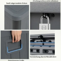 Gartenbox 378 L Auflagenbox Wasserdicht für Garten mit Abschließbarem Deckel Aufbewahrungsbox für Kissen Grau
