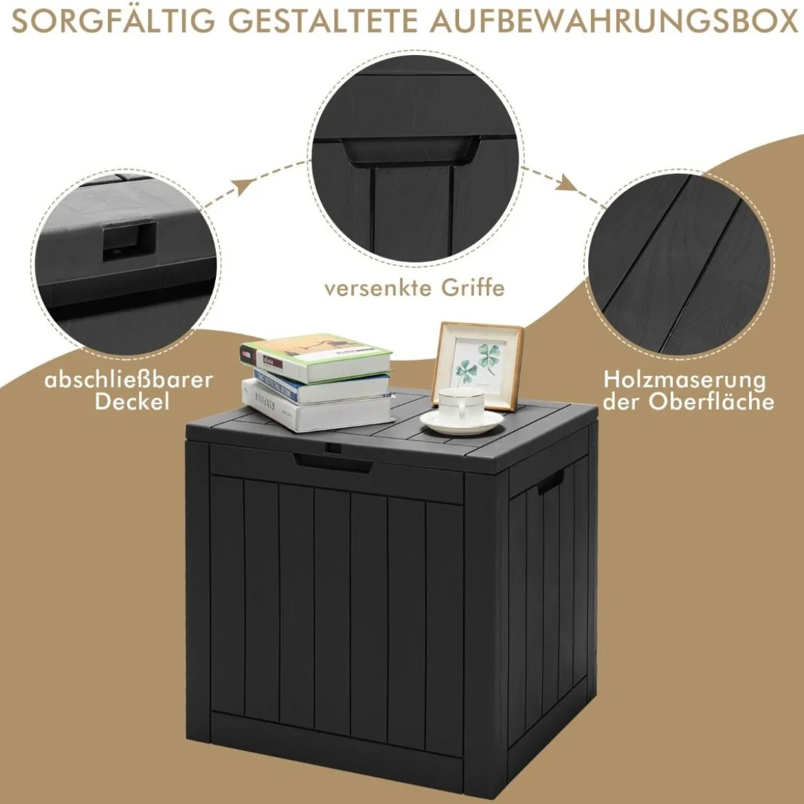 Gartenbox mit 114 L Kapazität abschließbarem Deckel & integrierten Griffen Schwarz