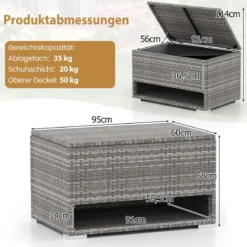 Gartenbox mit Schuhregal Polyrattan Auflagenbox Wetterfest mit Schutzliner & Deckel 186L 95 x 60 x 58 cm Grau