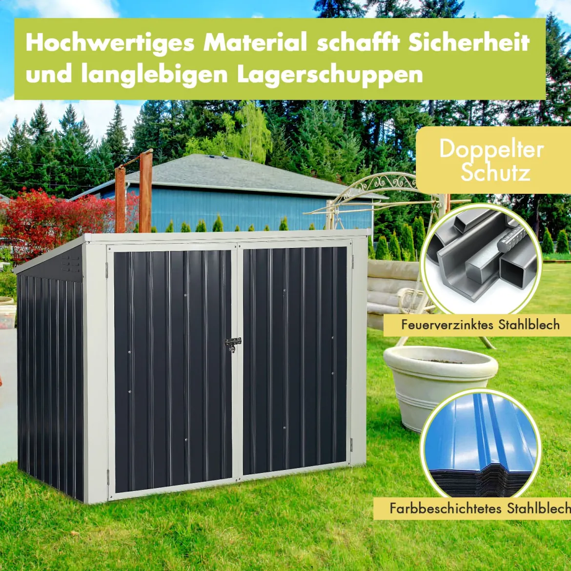 Gartenbox Wasserdicht Mülltonnenbox Garten Gerätebox Metall Dunkelgrau 173 x 97x 134 cm