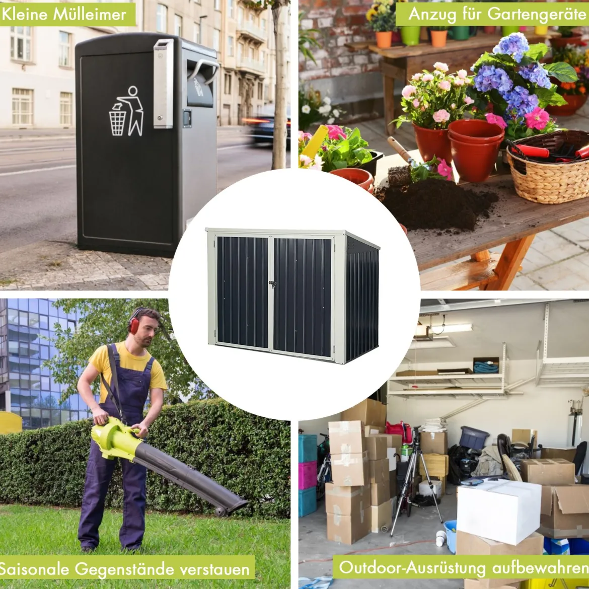 Gartenbox Wasserdicht Mülltonnenbox Garten Gerätebox Metall Dunkelgrau 173 x 97x 134 cm