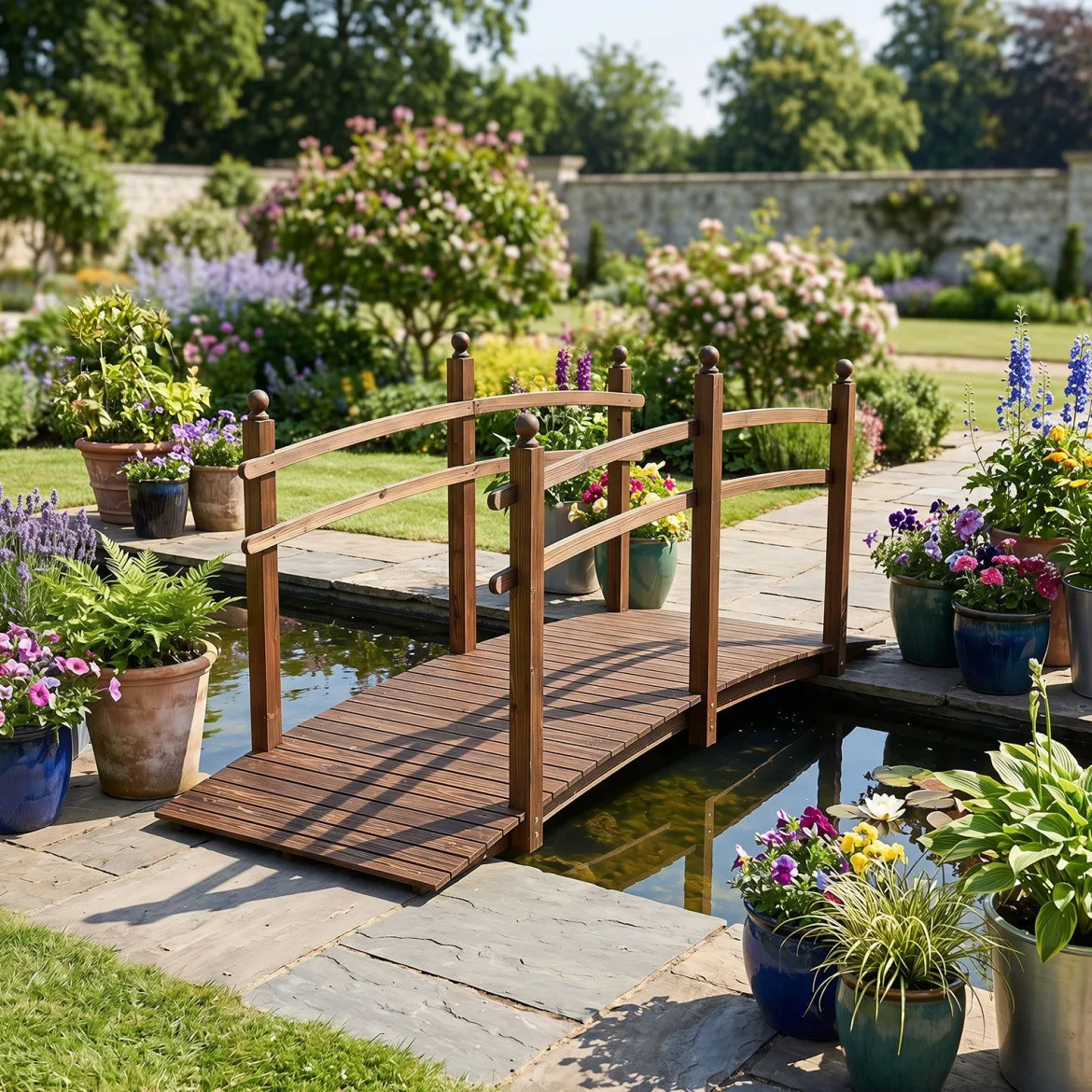 Gartenbrücke aus Tannenholz Bogenbrücke mit Geländer Wetterfest 500kg Tragkraft 230 x 73 x 108 cm