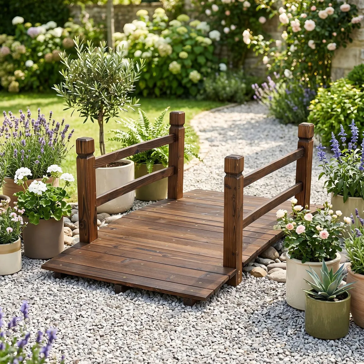 Gartenbrücke aus Tannenholz Bogenbrücke mit Geländer Wetterfest 500kg Tragkraft 125 x 68 x 47 cm