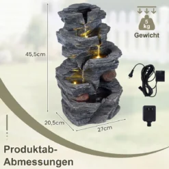 Gartenbrunnen mit LED-Beleuchtung 5-stufiger Springbrunnen aus Kunstharz 27 x 20,5 x 45,5 cm
