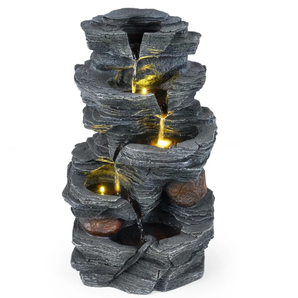 Gartenbrunnen mit LED-Beleuchtung 5-stufiger Springbrunnen aus Kunstharz 27 x 20,5 x 45,5 cm