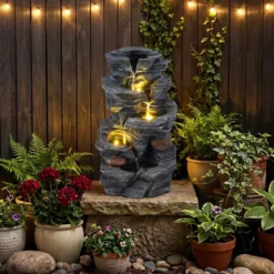 Gartenbrunnen mit LED-Beleuchtung 5-stufiger Springbrunnen aus Kunstharz 27 x 20,5 x 45,5 cm