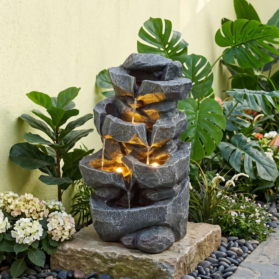 Gartenbrunnen mit LED-Beleuchtung 5-Stufiger Springbrunnen aus Kunstharz mit Leise Pumpe 29,5 x 21 x 47 cm