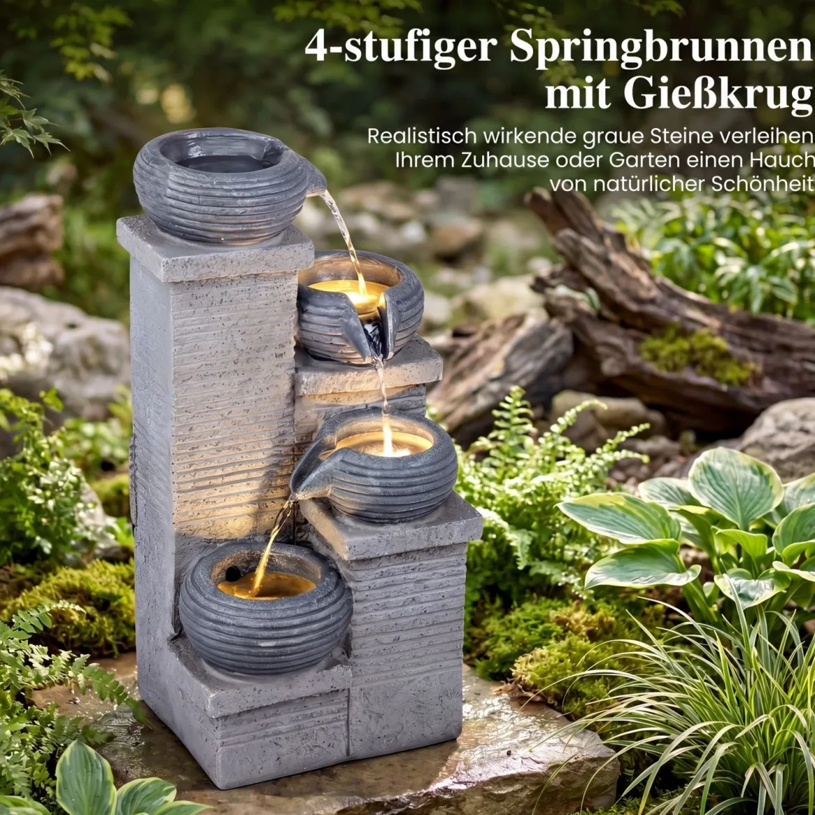 Gartenbrunnen mit LED-Licht Zimmerbrunnen aus Kunstharz & Glasfaser Springbrunnen 28 x 22 x 58 cm
