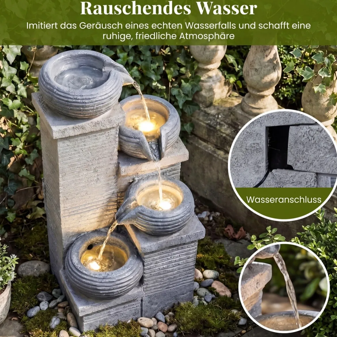 Gartenbrunnen mit LED-Licht Zimmerbrunnen aus Kunstharz & Glasfaser Springbrunnen 28 x 22 x 58 cm