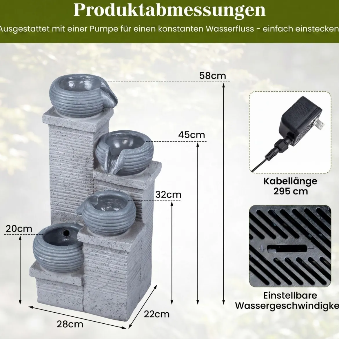 Gartenbrunnen mit LED-Licht Zimmerbrunnen aus Kunstharz & Glasfaser Springbrunnen 28 x 22 x 58 cm