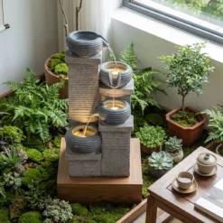 Gartenbrunnen mit LED-Licht Zimmerbrunnen aus Kunstharz & Glasfaser Springbrunnen 28 x 22 x 58 cm