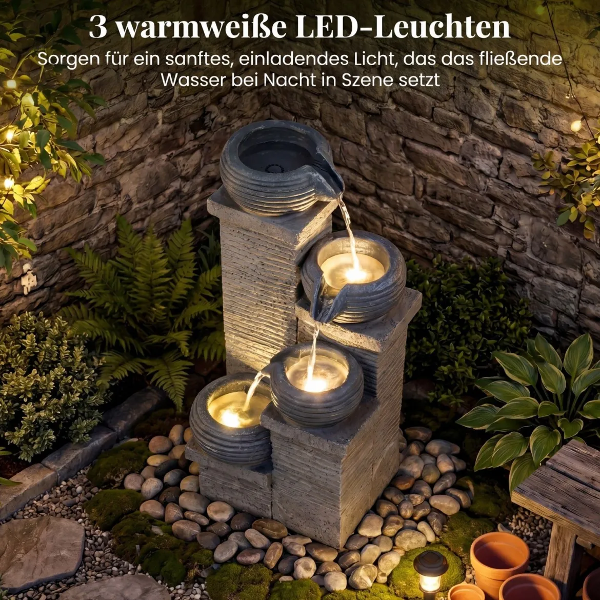 Gartenbrunnen mit LED-Licht Zimmerbrunnen aus Kunstharz & Glasfaser Springbrunnen 28 x 22 x 58 cm