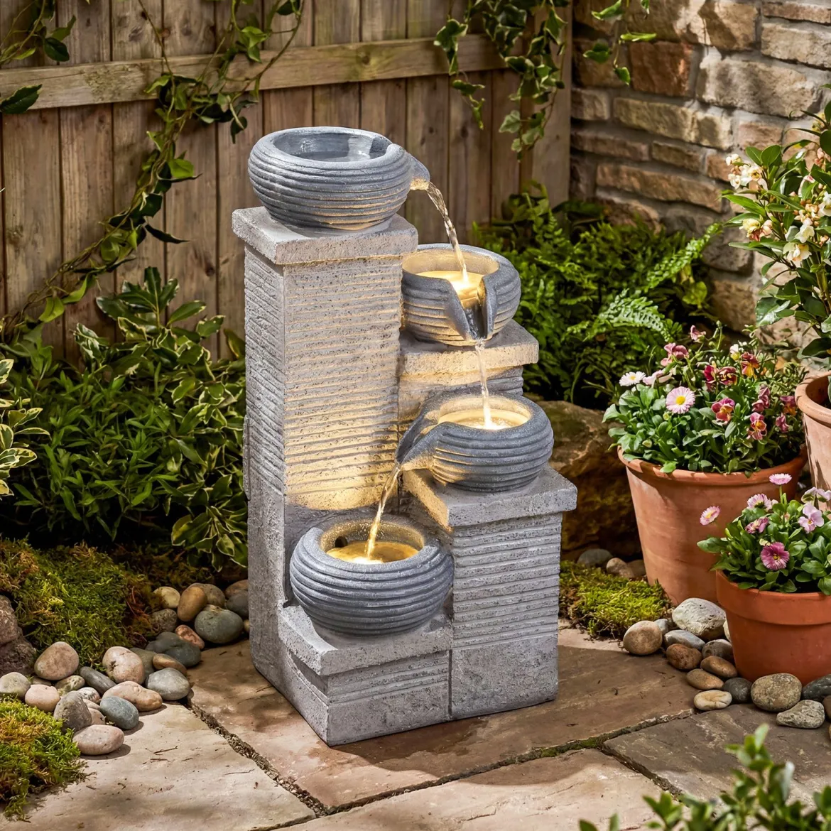 Gartenbrunnen mit LED-Licht Zimmerbrunnen aus Kunstharz & Glasfaser Springbrunnen 28 x 22 x 58 cm